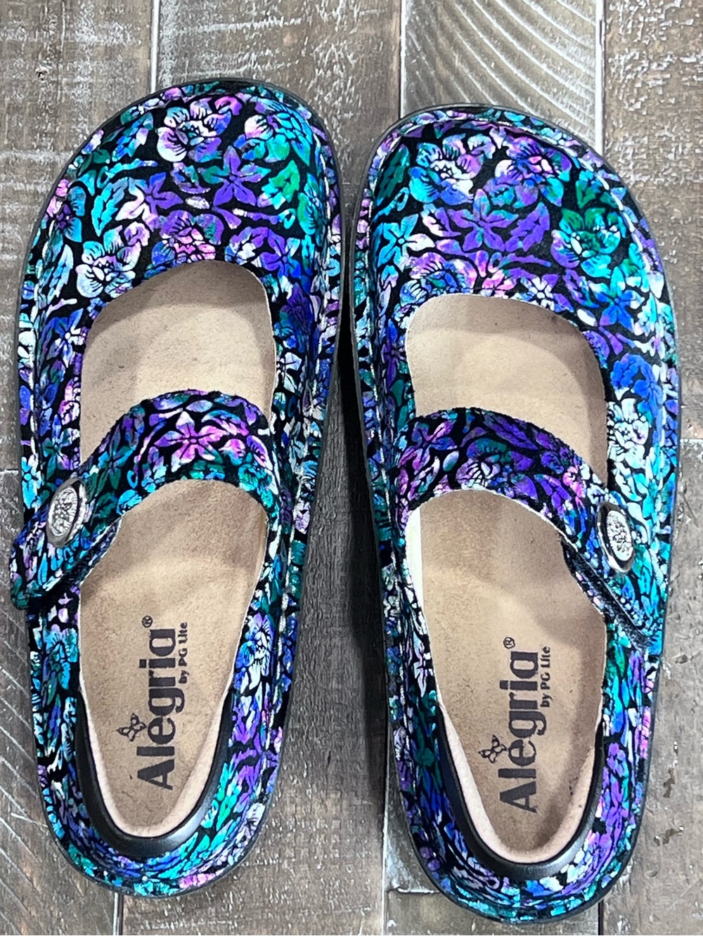 Alegria Mary Jane Clogs in Teal, Blue & Purple Floral